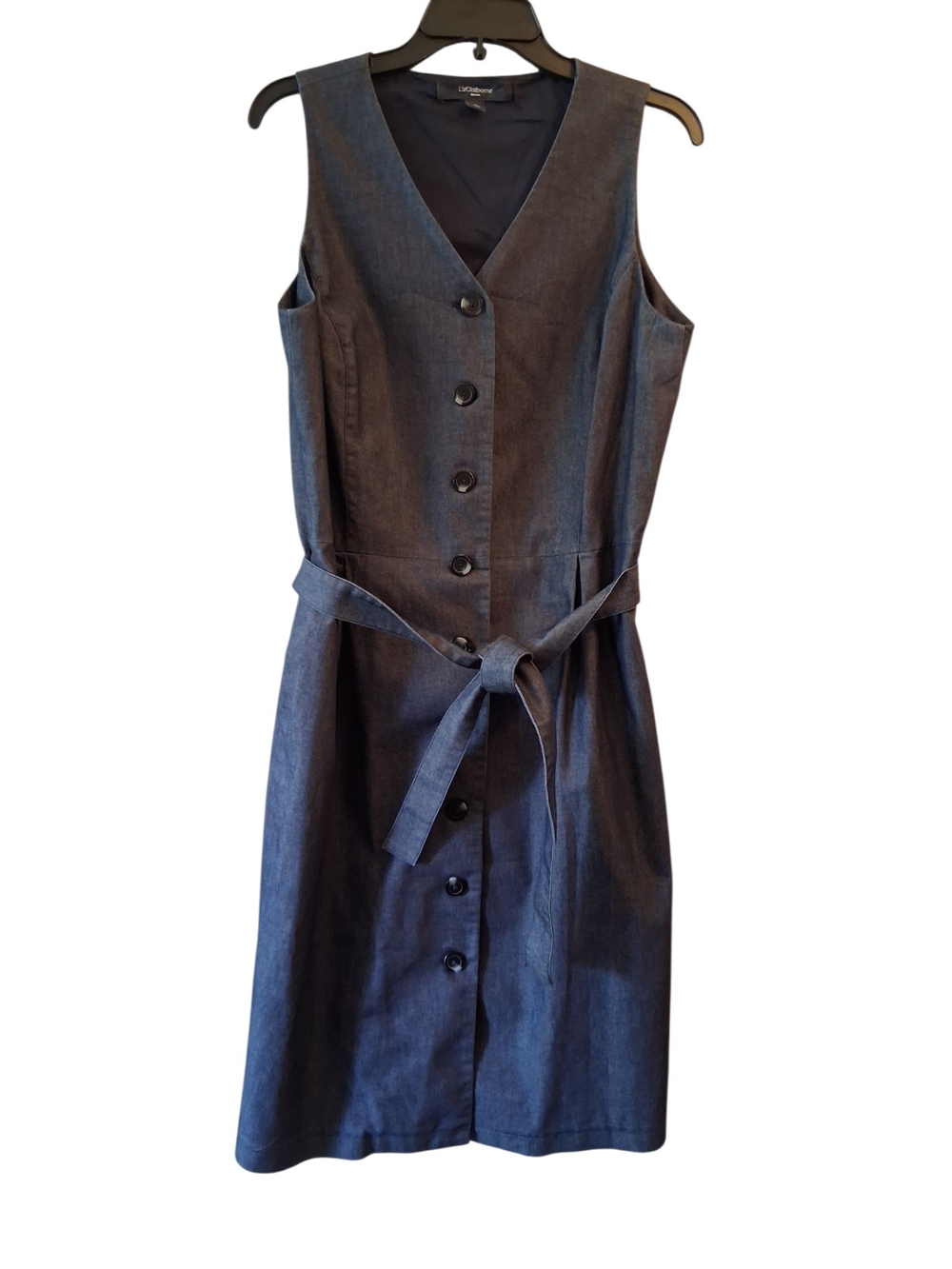Liz Claiborne Dark Denim Button-Front V-Neck Cotton Blend Midi Dress - Picture 3 of 8